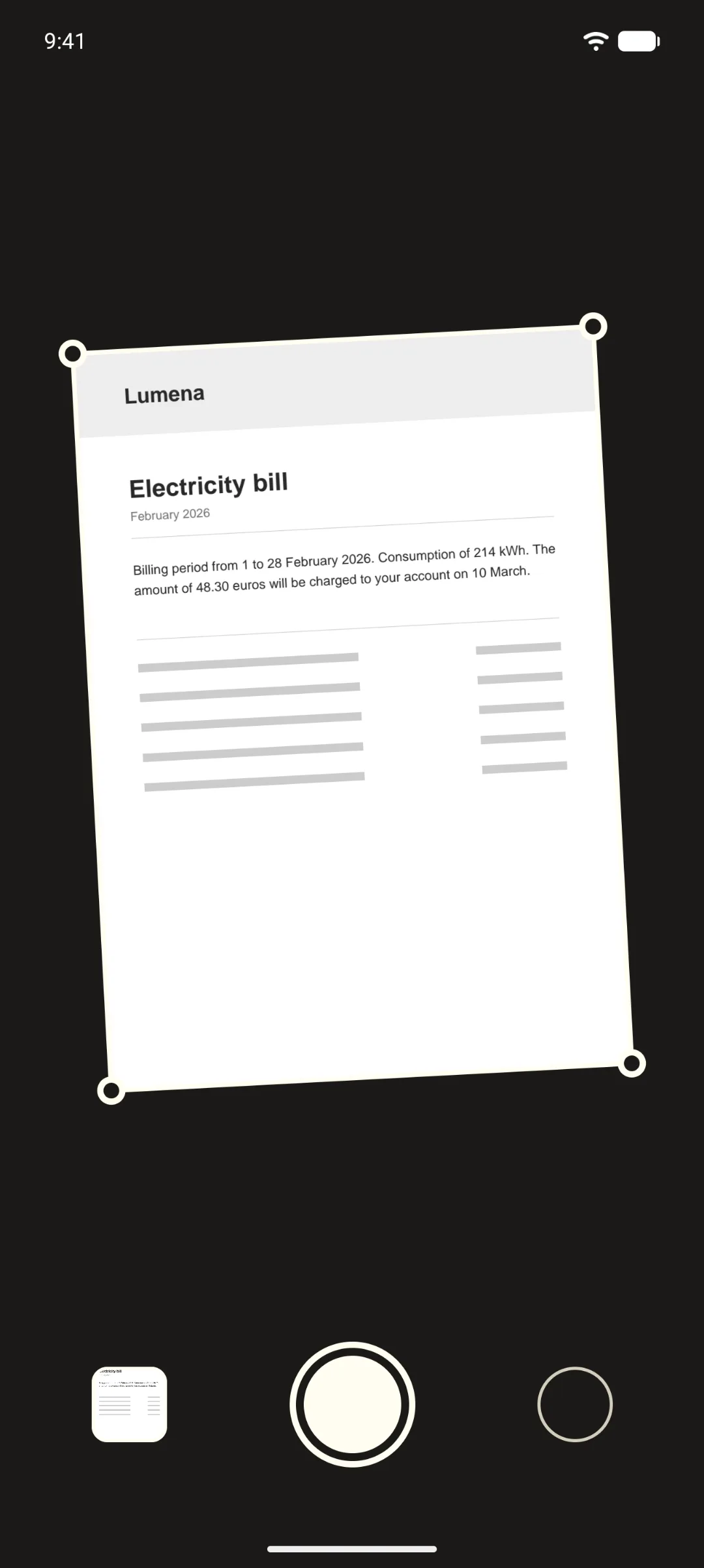 The scanner detecting the edges of an electricity bill.