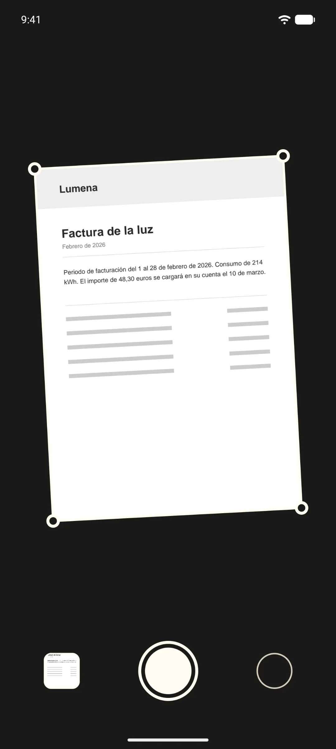 El escáner detectando los bordes de una factura de la luz.