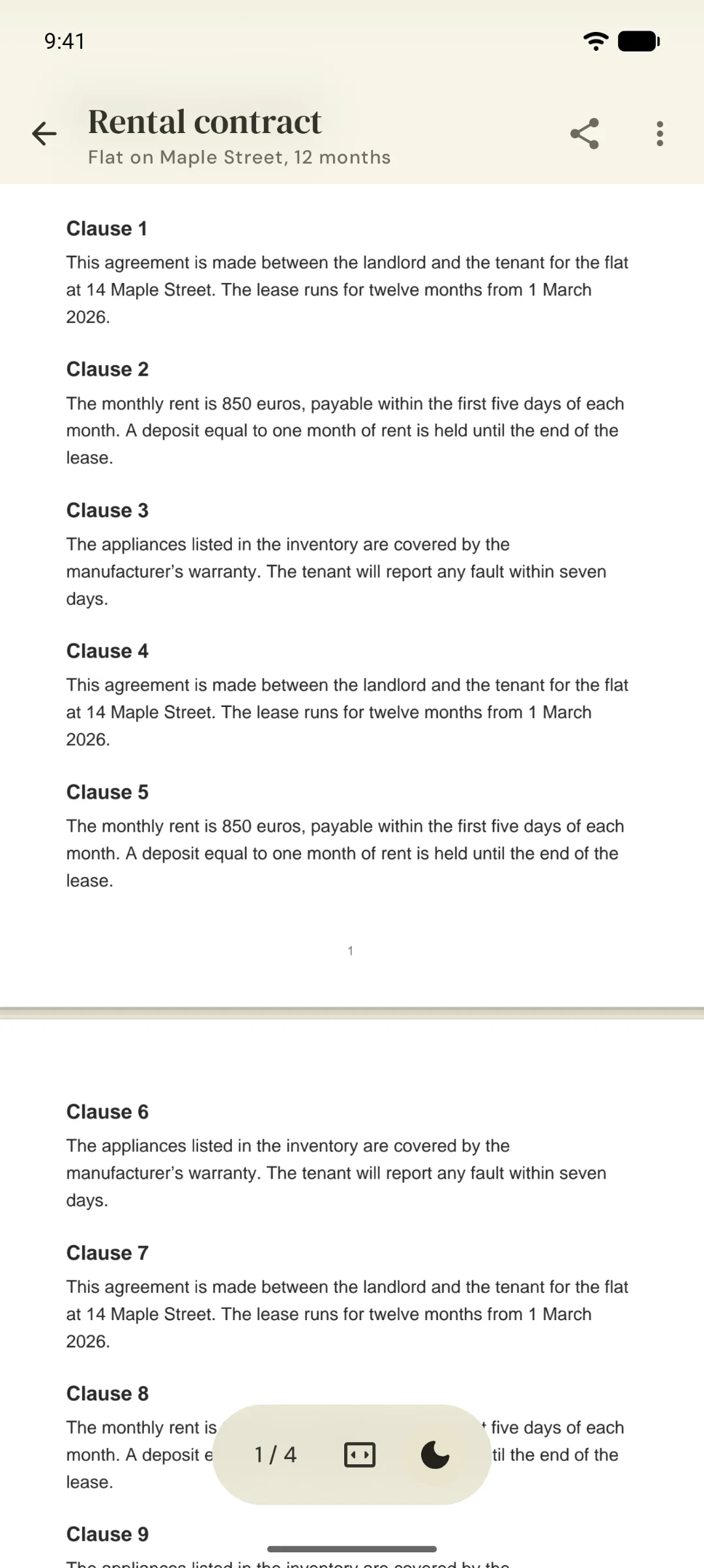 A scanned rental contract in the viewer, with no watermark.