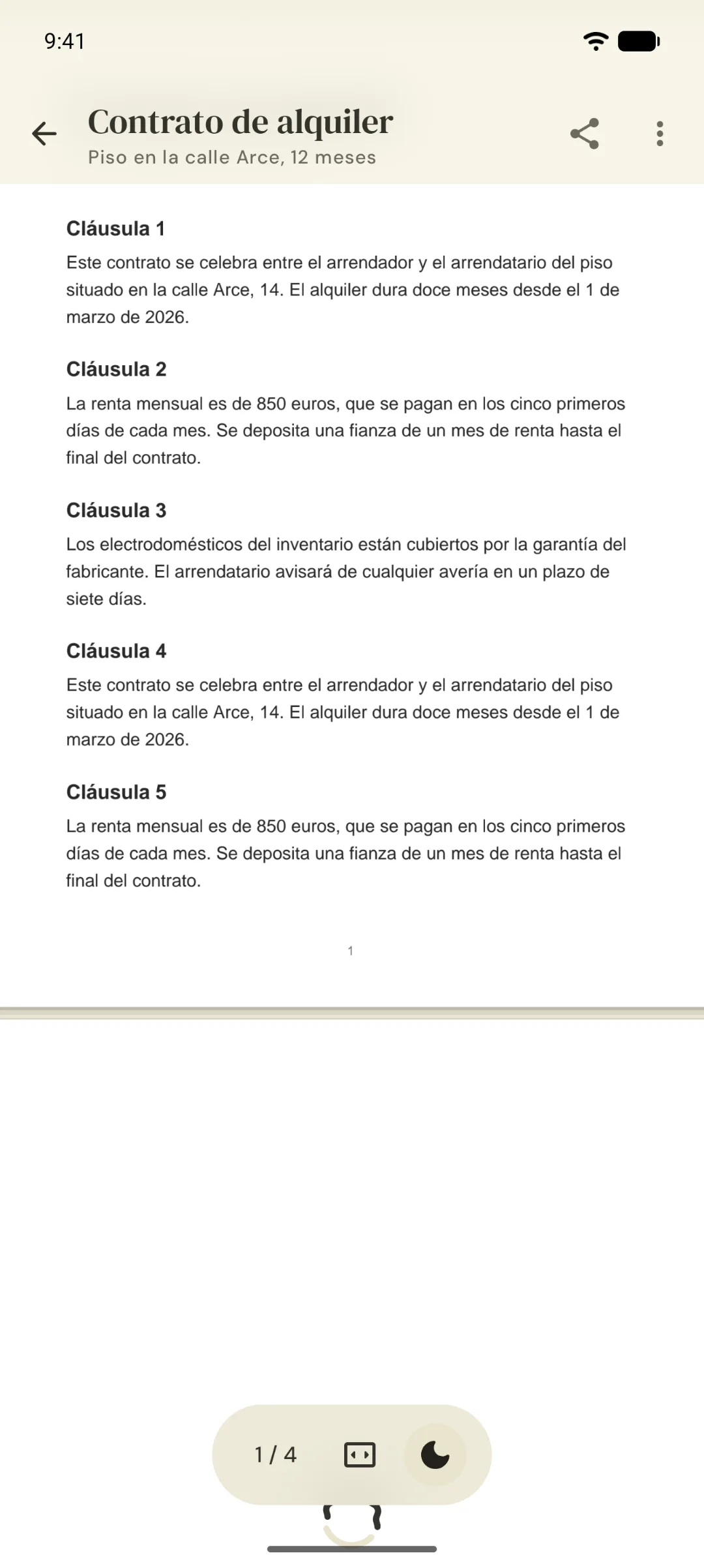 Un contrato de alquiler escaneado en el visor, sin marca de agua.