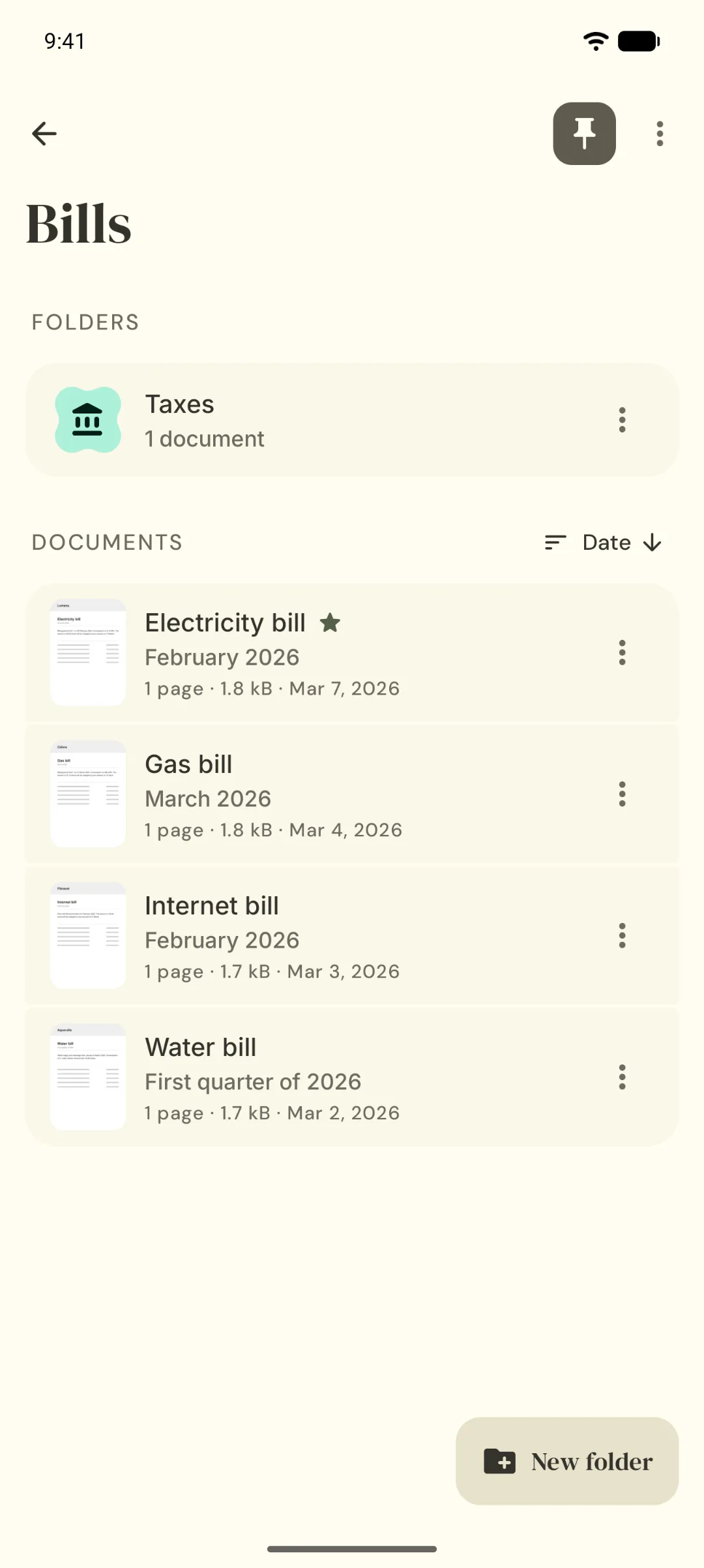 A folder called Bills with a subfolder and several documents.
