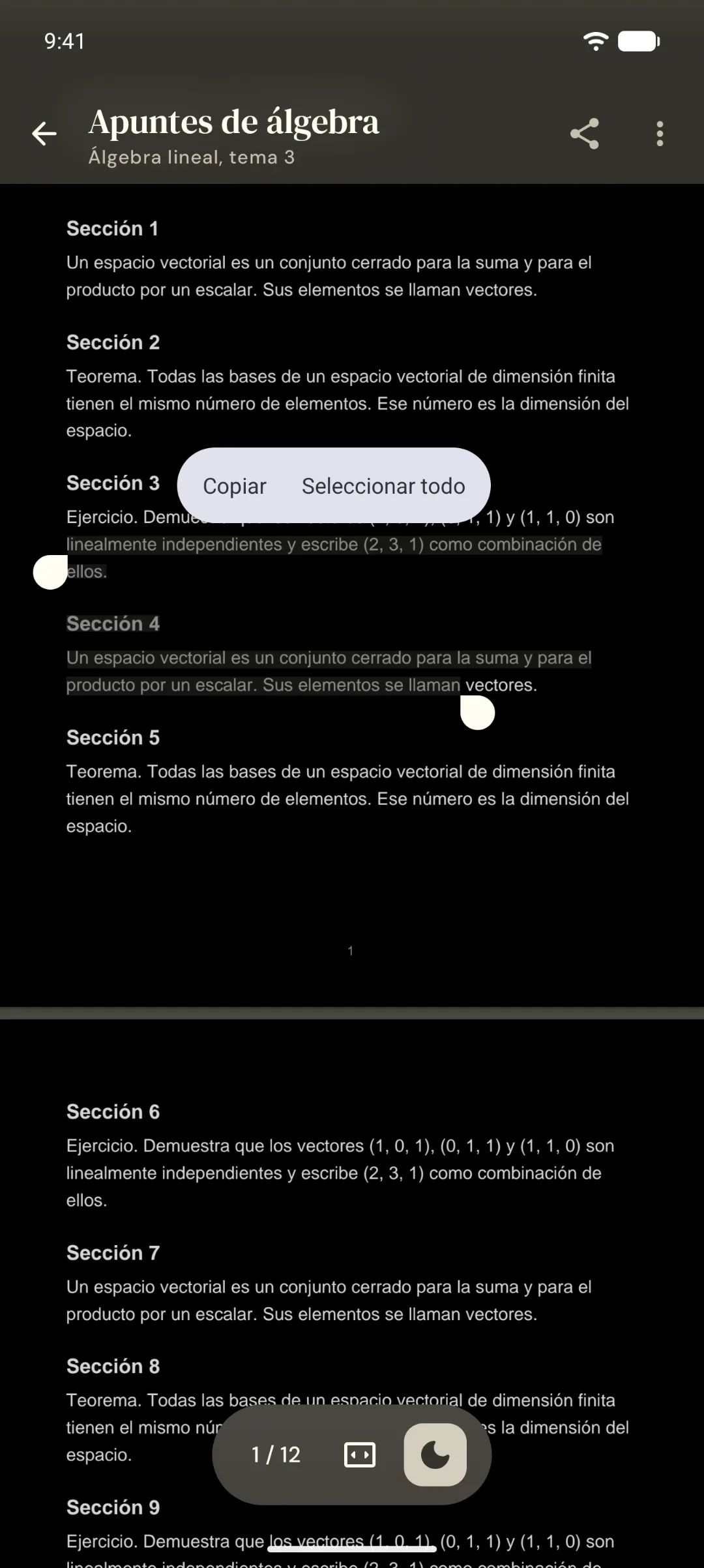 Apuntes de álgebra en modo noche, con texto seleccionado.