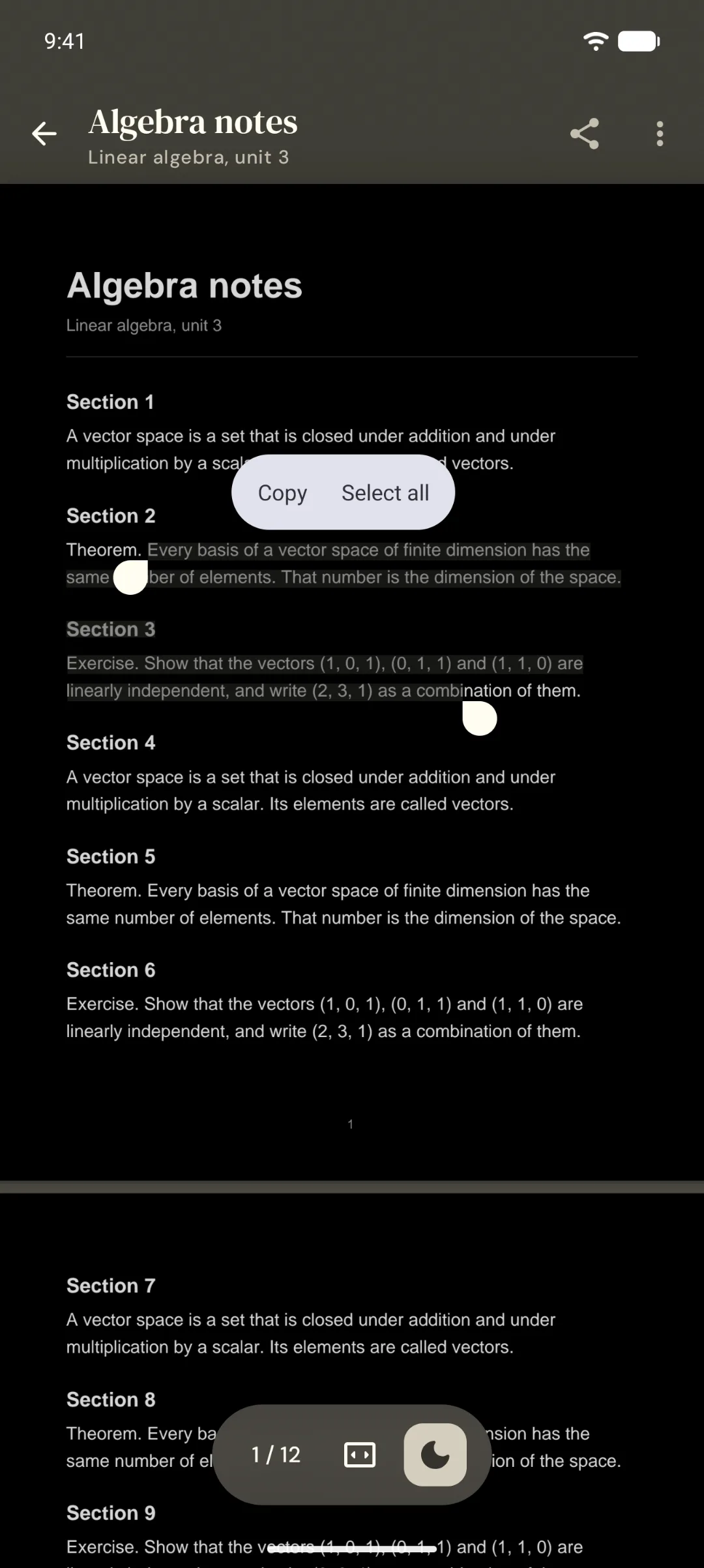 Algebra notes in night mode, with text selected.