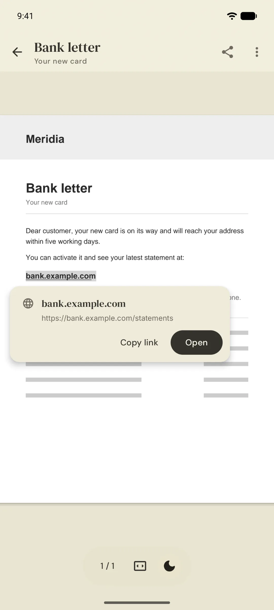 A link preview showing the real address before opening it.