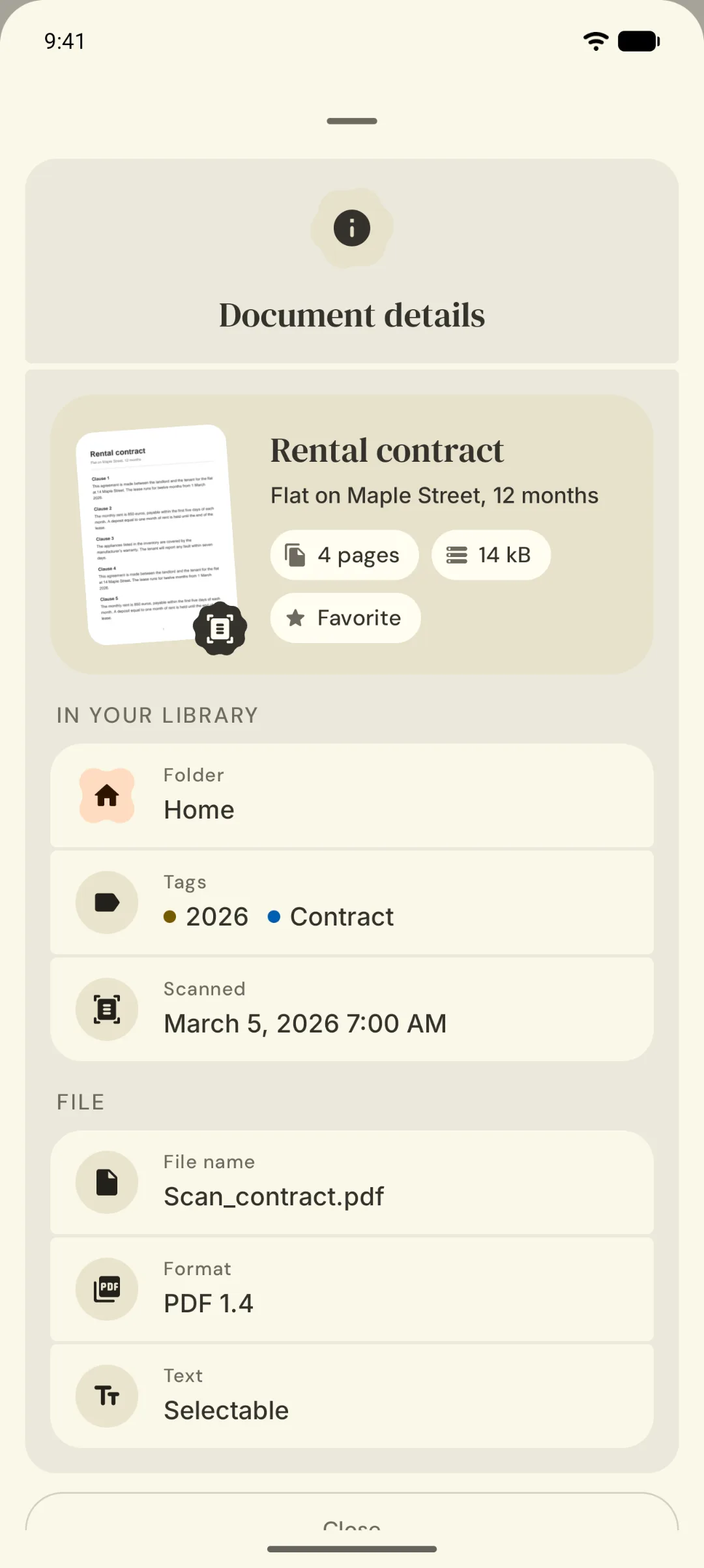 Document details: folder, tags, file name and format.