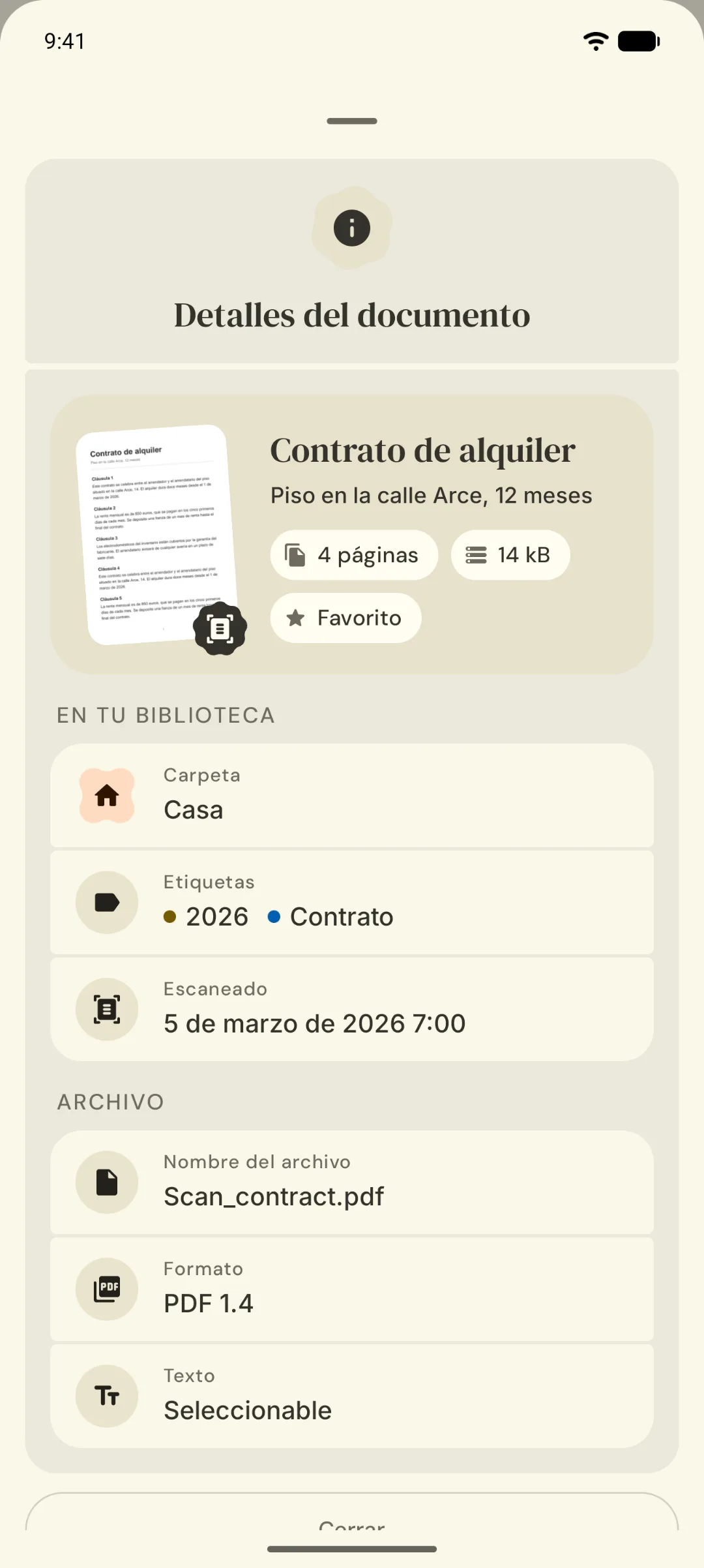 Detalles del documento: carpeta, etiquetas, nombre de archivo y formato.